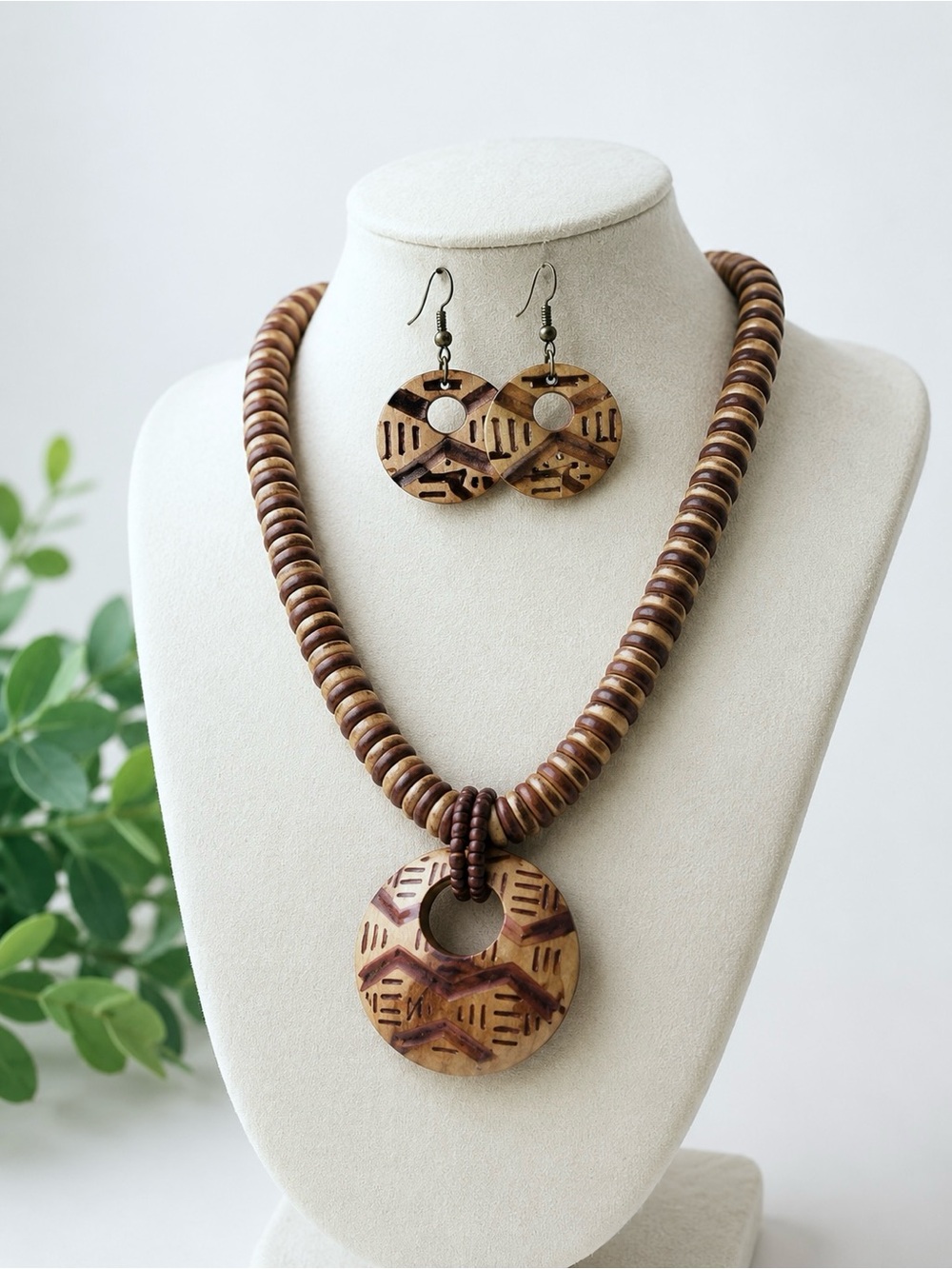 Tribal Brown Wooden Beaded Necklace & Earrings Set – 24”